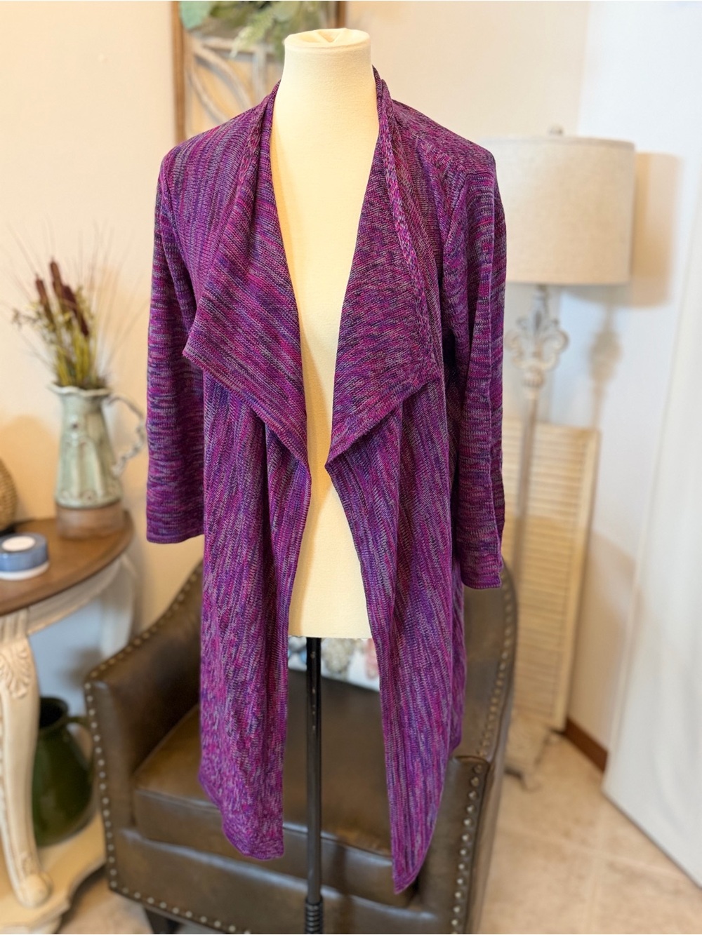 Venus Large Purple Space Dye Open Assymetrical 3/4 Sleeve Cardigan Sweat…